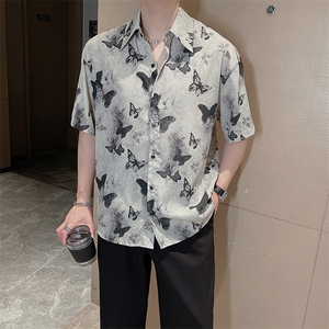 春夏时尚古风蝴蝶满印复古短袖衬衫男宽松网红半袖衬衣潮0256-P53图片