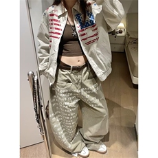 美式复古字母印花弯刀工装裤男女秋季新款设计感宽松阔腿牛仔裤子，男装牛仔裤，星座302B