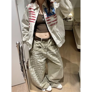 美式复古字母印花弯刀工装裤男女秋季新款设计感宽松阔腿牛仔裤子图片