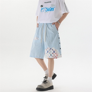 8XL-M 特大码夏季新款五分裤vibe破洞拼接高街格子短裤DK1517P57图片