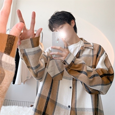 衬衫男秋季新款港风宽松大码磨毛格子长袖衬衣CS6636-特P29，男装衬衫，星座214-3