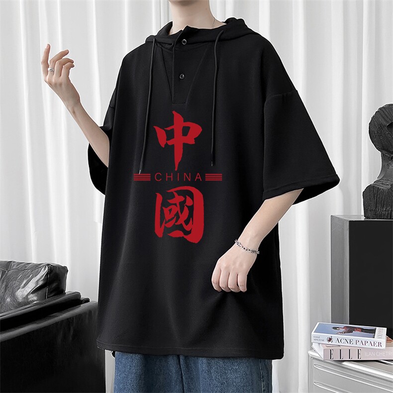 LD54198-P45连帽短袖t恤男大码胖子带帽五分袖中袖,男装T恤,电商A040
