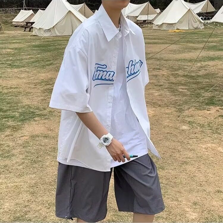 日系开衫贴标印花短袖衬衫男女夏季宽松休闲半袖衬衣垂感翻领bf风,男装T恤,星座1210-1