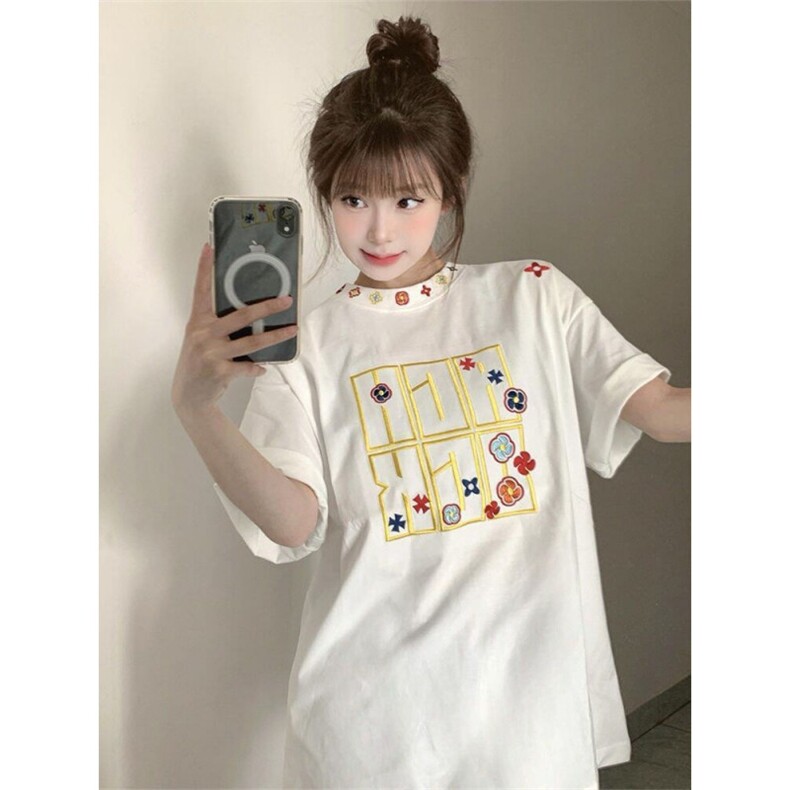 H0846-P35刺绣款纯棉220克宽松休闲短袖t恤男女同款图片