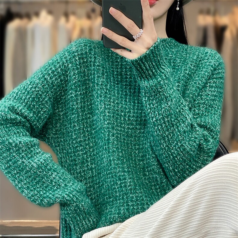 秋冬新款花纱金银丝圆领加厚羊毛毛衫,女装羊毛衫,科源羊绒