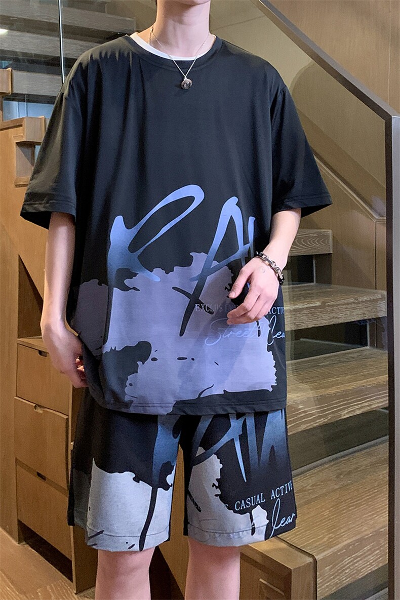 夏季冰丝高弹速干短袖短裤运动套装2407特P45控68,男装休闲套装,电商A309