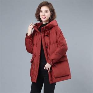 2022年冬季新款保暖白鸭绒羽绒服女中长款连帽韩版休闲外套女开衫图片