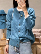 春新款韩版圆领甜美菱形纯色麻花开衫外套女，女装针织衫/毛衣，半城羊绒