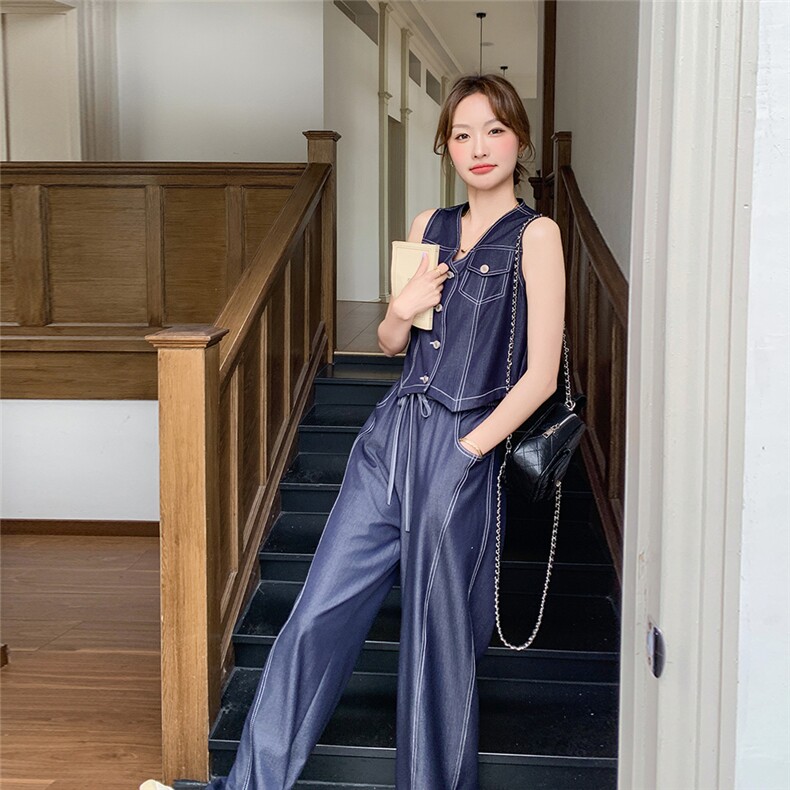 2C051-宽松时尚马甲显瘦牛仔色天丝两件套-S217-P165-K238,女装套装/套裙,2C051