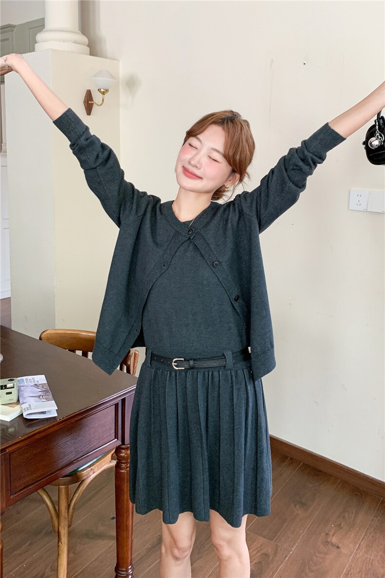 针织开衫+百褶背心连衣裙两件套装2C267-929-P120-K198,女装套装/套裙,茵姿媚
