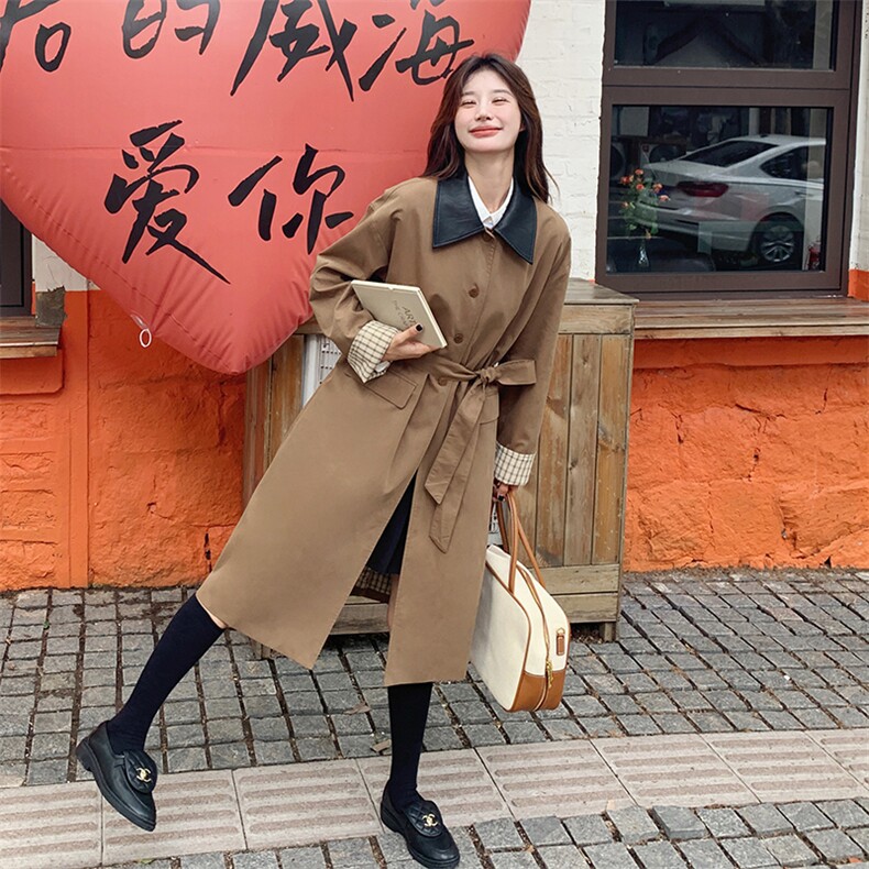 卡其色中长款翻领风衣外套女2024春秋新款小个子高级感英伦风大衣,女装风衣,蝶眷