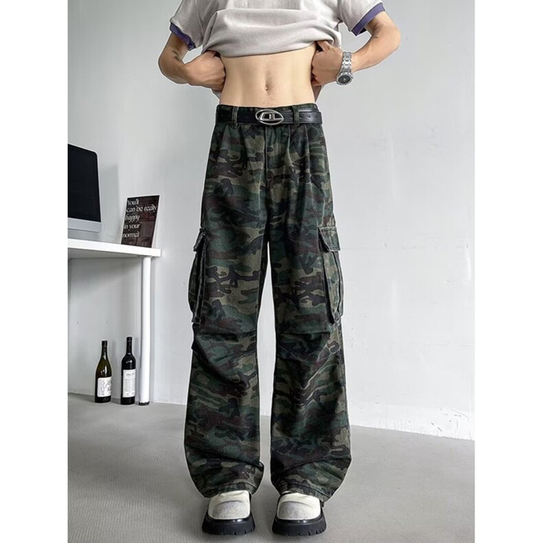 美式复古褶皱多口袋迷彩工装牛仔裤女高街潮牌显瘦堆积感拖地裤子,女装休闲裤,星座218-8