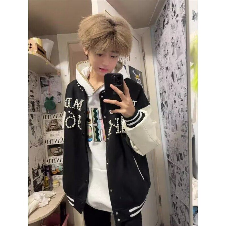 春季新款钉珠毛呢棒球服美式复古潮牌嘻哈学生外套宽松夹克男女,男装夹克,星座506A