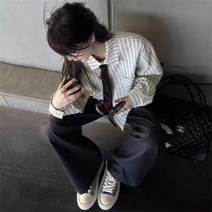 美式潮牌高街复古泡泡纱竖条纹日系肌理长袖衬衫男女休闲宽松衬衣图片