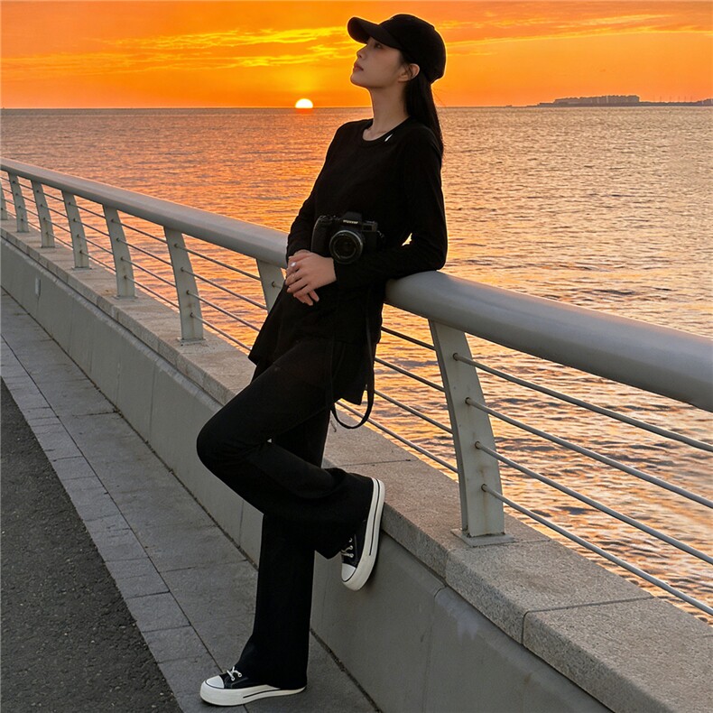 欧货时尚潮流套装女春新款气质显瘦圆领假两件长袖修身长裤两件套,女装套装/套裙,江南