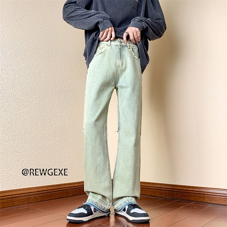 B221美式ins高街小众毛边黄泥色牛仔裤子LK22079-P60控78,男装牛仔裤,电商B221