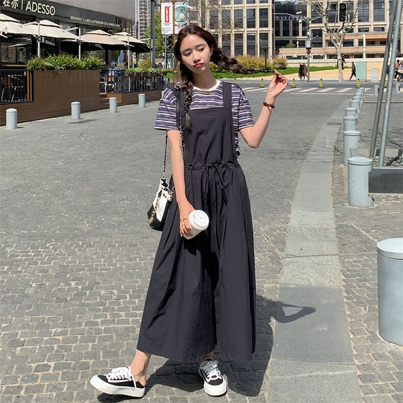 小众设计感纯色连体裙裤韩版休闲宽松收腰阔腿九分裤工装背带裤女,女装连体裤,一九零