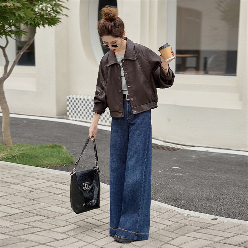 海宁皮衣外套女短款2025秋季新款宽松显瘦设计感小众pu皮夹克上衣,女装皮衣,江南女神