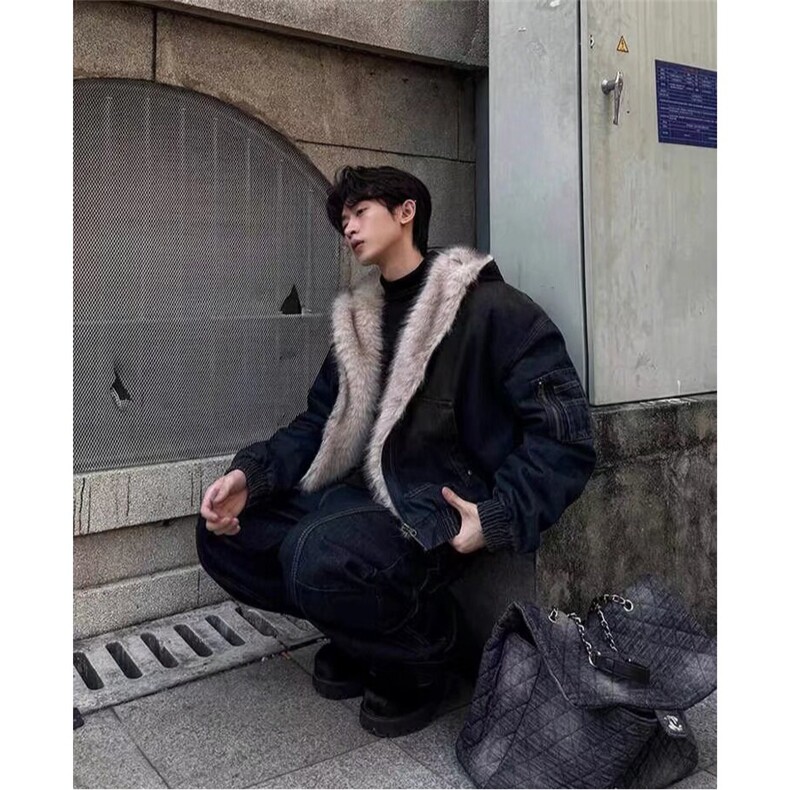 美式连帽牛仔棉服男女水洗重磅座山雕毛领复古加绒加厚夹克外套潮,男装夹克,星座1210-1
