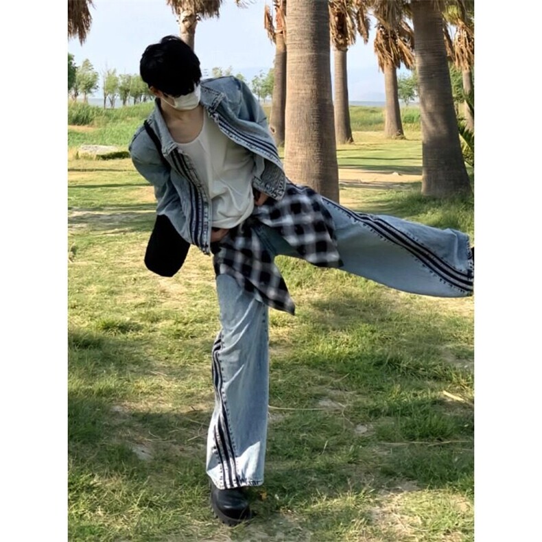 街头小众牛仔夹克设计感三条杠两件套JK7009特P72NZ619特P58,男装夹克,星座908-1