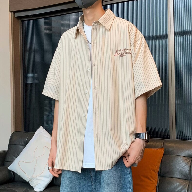 新款条纹半袖衬衫男士夏季新款港风短袖衬衣宽松潮牌外套A04-P30,男装衬衫,星座1008