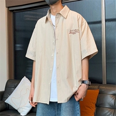 新款条纹半袖衬衫男士夏季新款港风短袖衬衣宽松潮牌外套A04-P30，男装衬衫，星座1008