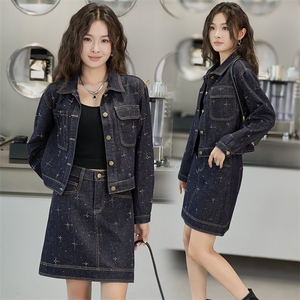 欧货复古设计感牛仔套装裤潮2024秋新款女时髦减龄气质短裙两件套图片