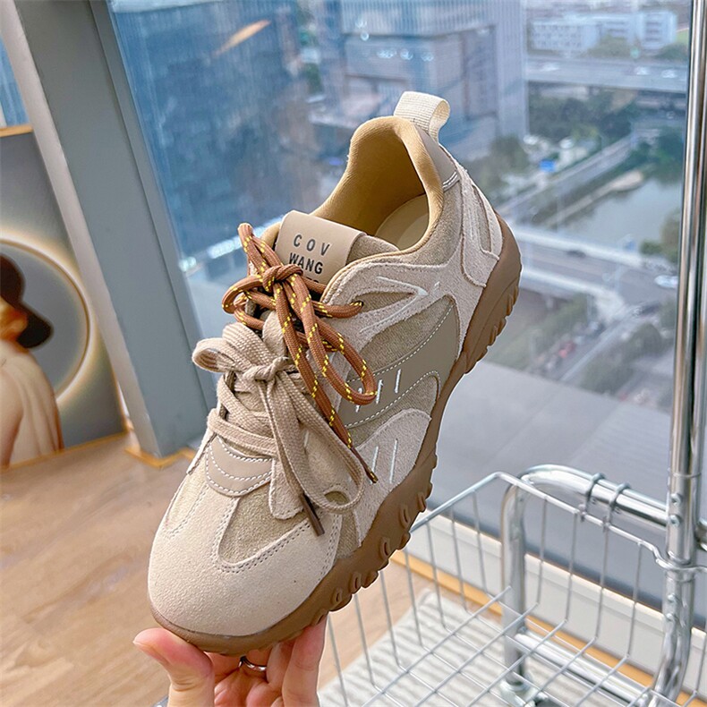 真皮厚底德训鞋女2024秋冬新款拼色双鞋带运动老爹鞋休闲阿甘鞋女，女鞋休闲鞋，电商A223