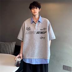 2025新款潮牌衬衫领百搭美式复古男款polo衫假两件短袖T319-P48，男装T恤，电商C307
