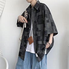 古着vintage牛仔格子衬衫男ins设计感日系复古短袖衬衣C1118-p50，男装衬衫，星座1008