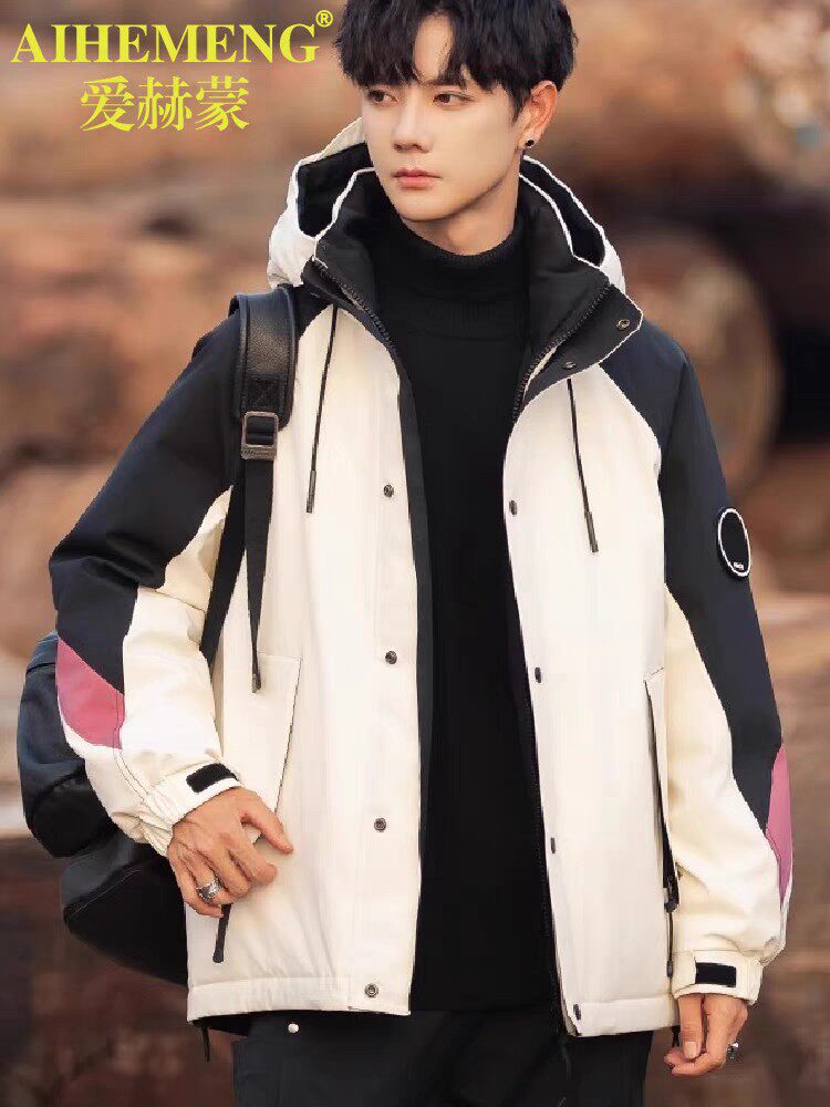 冬季款加厚保暖羽绒服男女同款宽松拼色防风衣工装户外冲锋衣，女装棉衣/棉服，牛米欧羽绒服工厂店