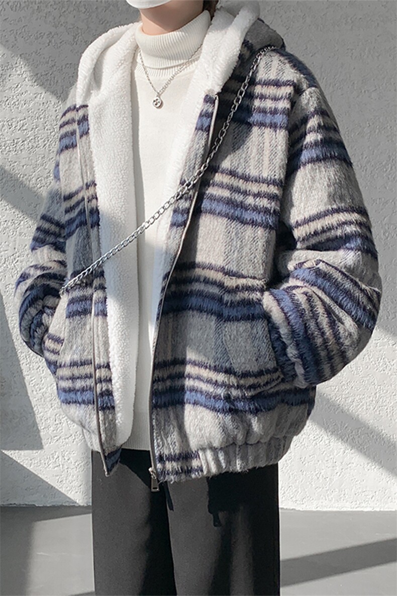 秋冬款格子款羊羔毛棉服加绒连帽加厚外套A071-5024-P118,男装棉衣,电商A071