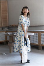 蓝白色碎花长款连衣裙，女装连衣裙，喜午