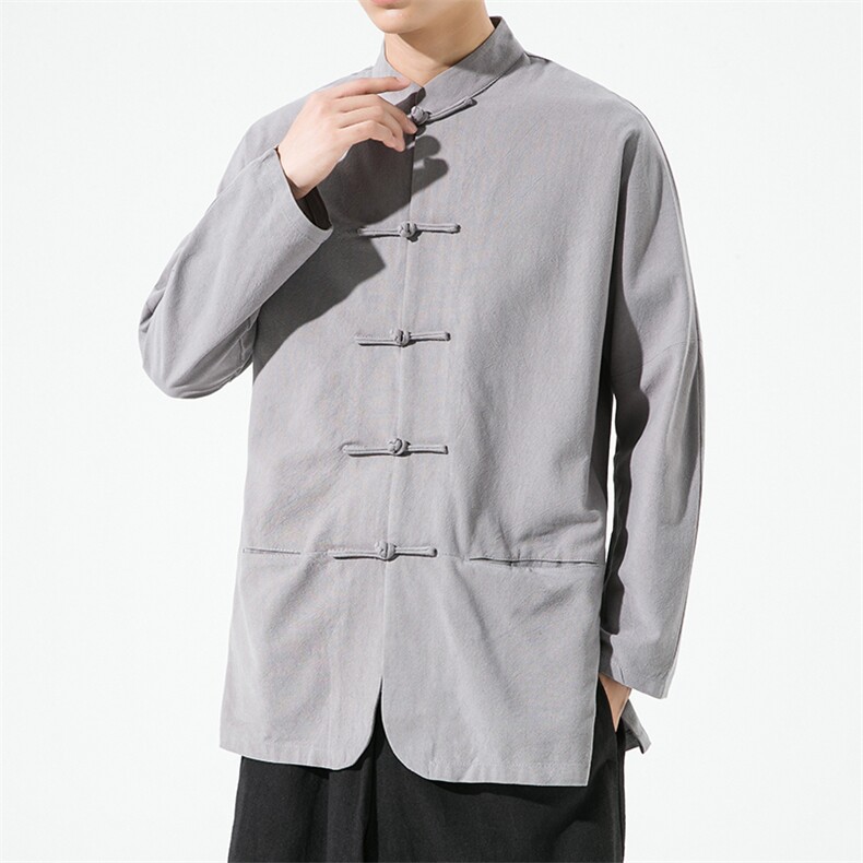 22601^春秋棉麻复古休闲唐装男士对襟盘扣茶服上衣风纯色外套,男装夹克,钱塘777(原3023)