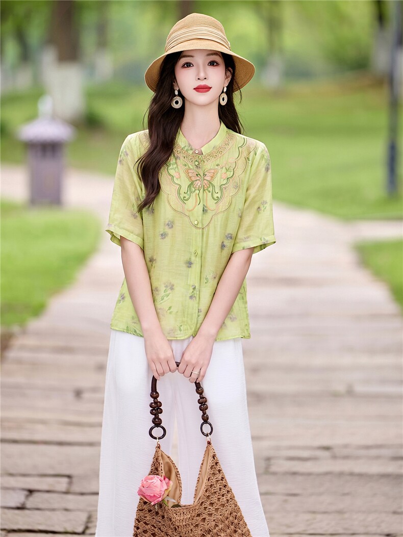 时尚优雅刺绣印花套装女2026夏季新款复古气质宽松阔腿裤两件套,女装套装/套裙,魅影