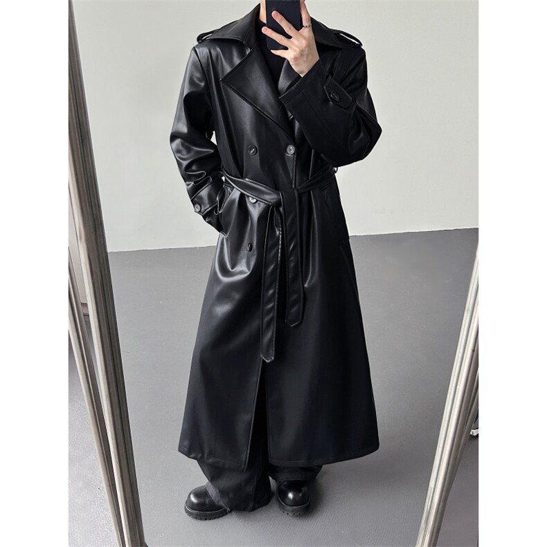 26春夏男士设计感双排扣痞帅绑带pu皮长款风衣外套mj1107-p188,男装风衣,电商B288