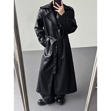 26春夏男士设计感双排扣痞帅绑带pu皮长款风衣外套mj1107-p188，男装风衣，电商B288