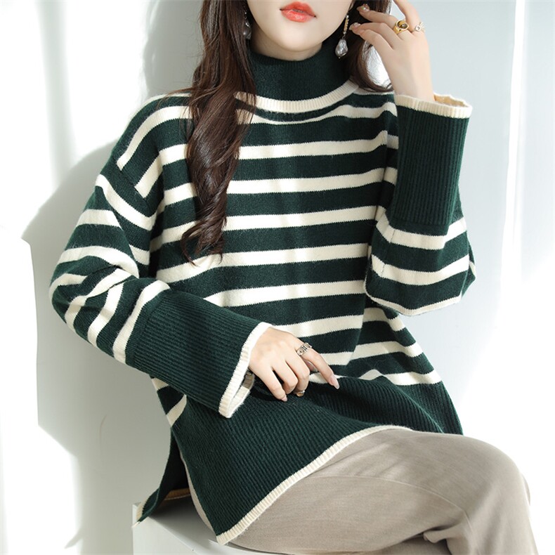 慵懒风气质~宽松条纹针织衫女加厚开叉2025秋冬新款拼色高领毛衣,针织衫/毛衣,特麦惠羊绒