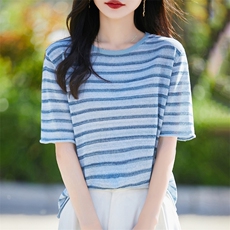 圆领撞色和纸纱针织短袖T恤女夏季款条纹半袖上衣宽松打底五分袖，女装针织衫/毛衣，暖烁羊绒