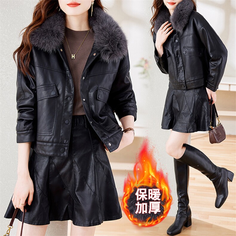 现货真狐狸毛领皮衣短外套女欧洲站2024年秋冬加厚时尚pu皮夹克潮，女装皮衣，潮流依族