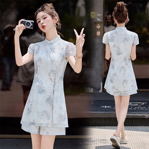 新中式套装女夏季2025新款洋气国风年轻款改良旗袍刺绣短裤两件套，女装套装/套裙，韩宇舍
