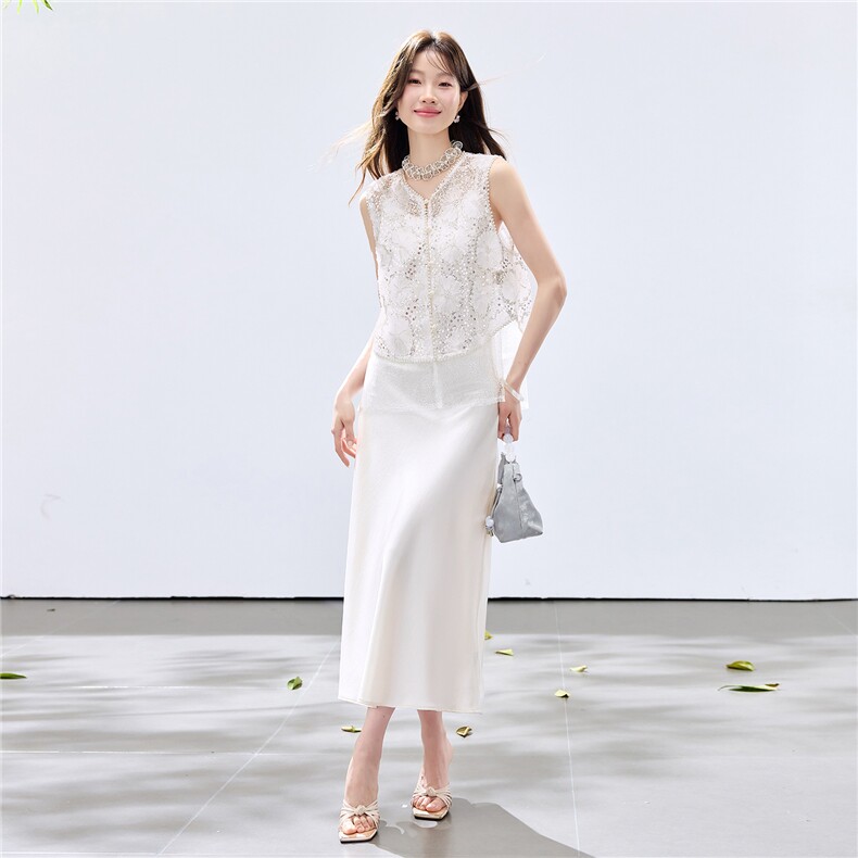 夏季新款现货！2026小清新重工盘花珍珠亮片马甲+珍珠缎面长裙女,女装套装/套裙,宝儿家
