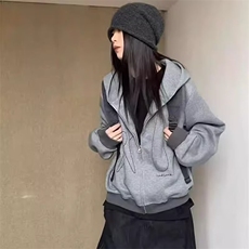 春季新品简约风拉链韩版宽松纯色休闲开衫连帽卫衣女外套叠穿帽衫，女装短外套，星座506A