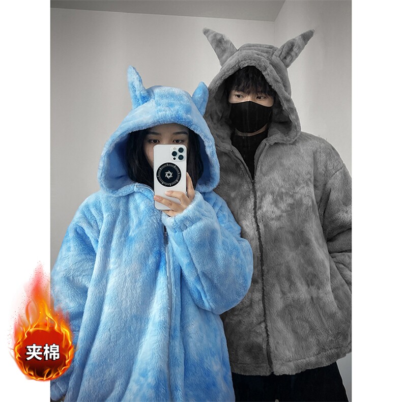 现货夹棉兔毛绒绒情侣外套男女秋冬扎染连帽棉衣-A2260TP88控138,男装棉衣,电商B241
