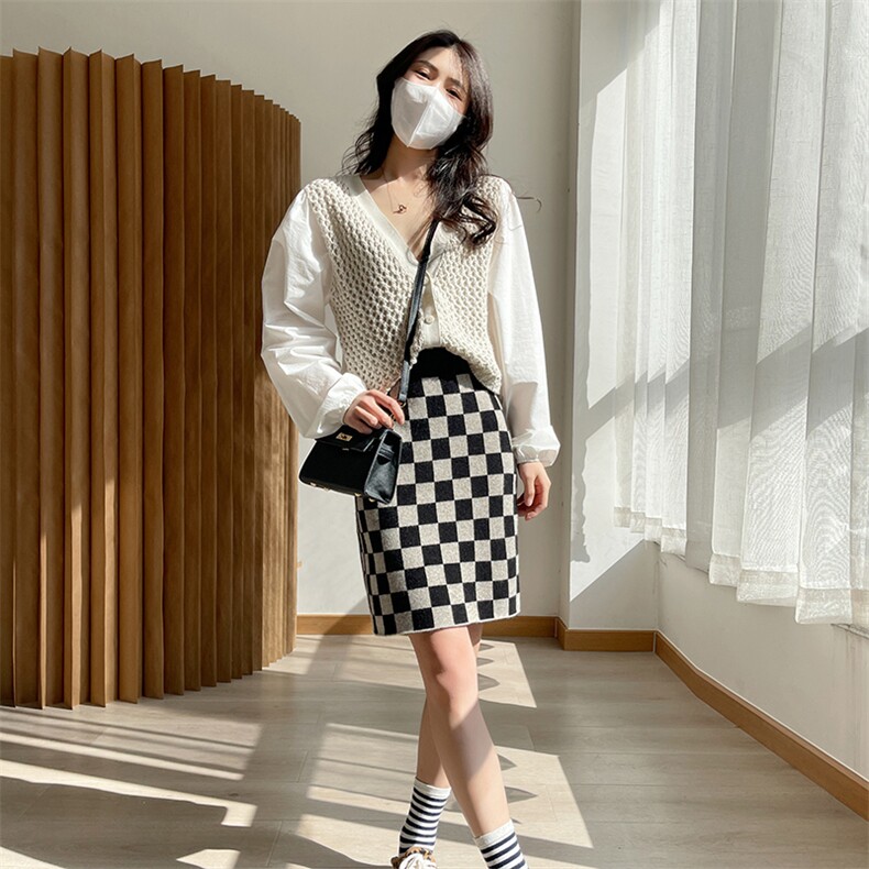 秋冬季纯澳毛棋盘格个性时髦短款裙半身裙,女装半身裙,君贝羊绒