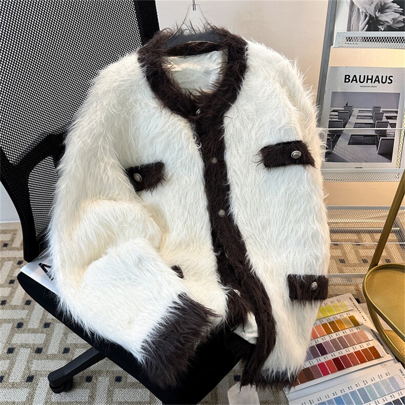 美式原创小香风水貂毛撞色开衫毛衣男女秋冬超保暖软糯宽松针织衫,男装针织衫/毛衣,星座505-2（原电商A260-1)