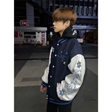 慵懒潮牌刺绣棒球服男新款魔术贴夹克拼接PU皮落肩外套宽松新款，男装夹克，星座506A