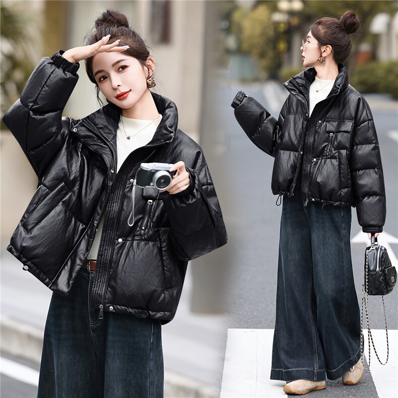 冬季抗风蛋白PU皮立领羽绒服外套加厚保暖2025新品白鸭绒面包服女,女装羽绒服,意芙