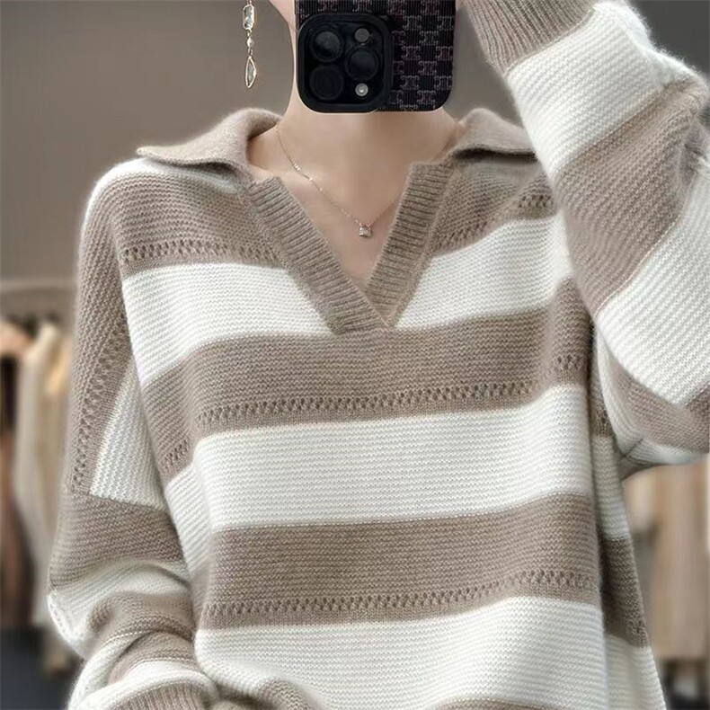 秋冬新款POLO领纯羊毛衫女条纹针织毛衣宽松慵懒风羊绒衫长袖上衣图片