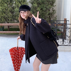 2025冬季新款飘带围脖双面羊毛呢大衣外套，女装双面呢大衣，乐吉娜